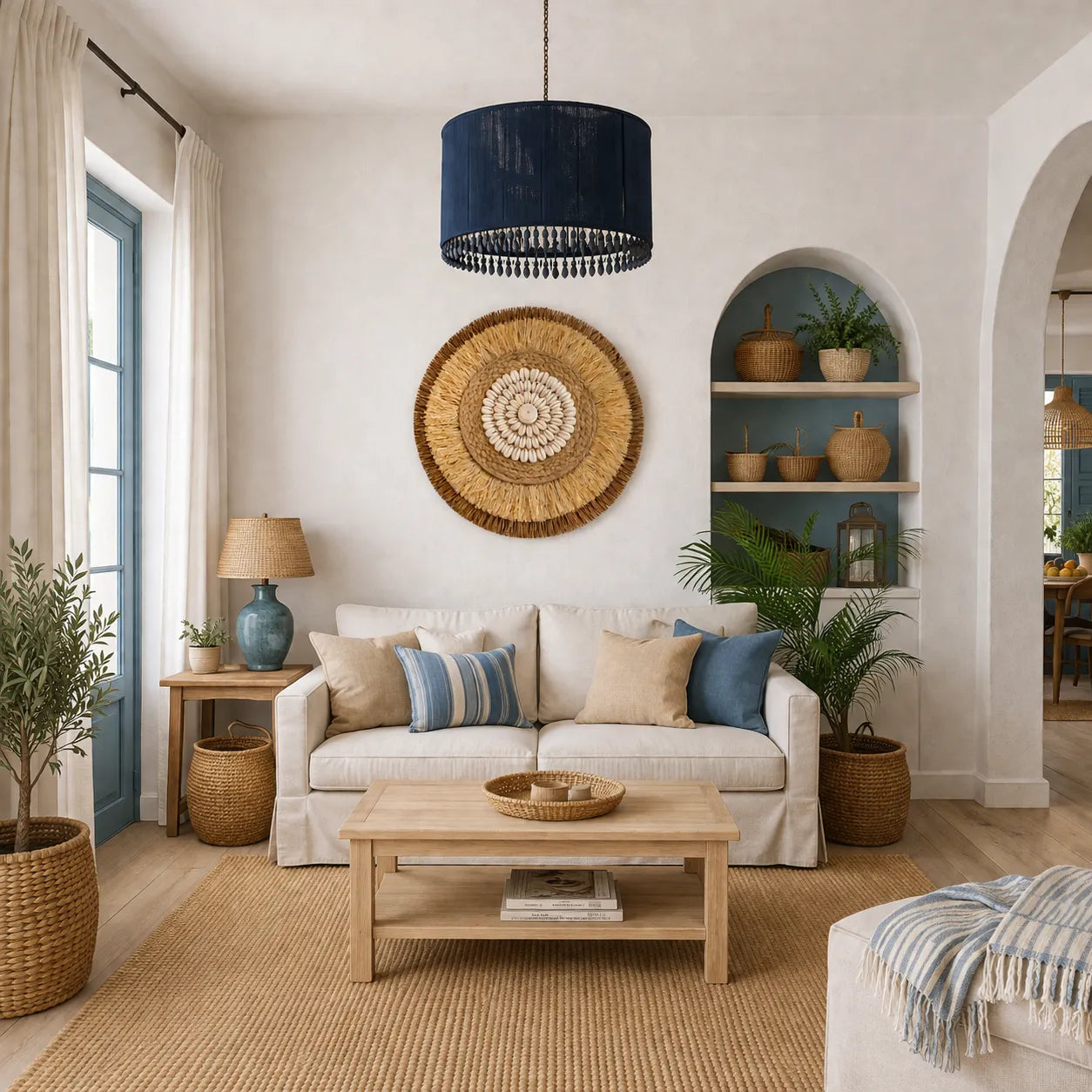 Boho Wall Decor | Round Woven Rattan & Raffia Wall Hanging