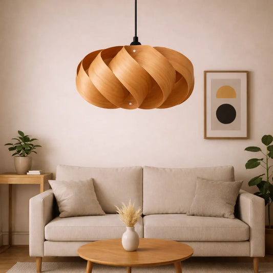 Nordic Swirl Holz-Pendelleuchtenschirm für Wohnzimmer | Natürliche DIY Lampenschirm-Kits – E27/E26
