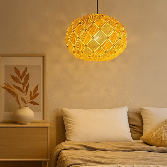 Nordic Lantern Pendant Light Shade | Round Natural Wood Hanging Lamp – E27/E26