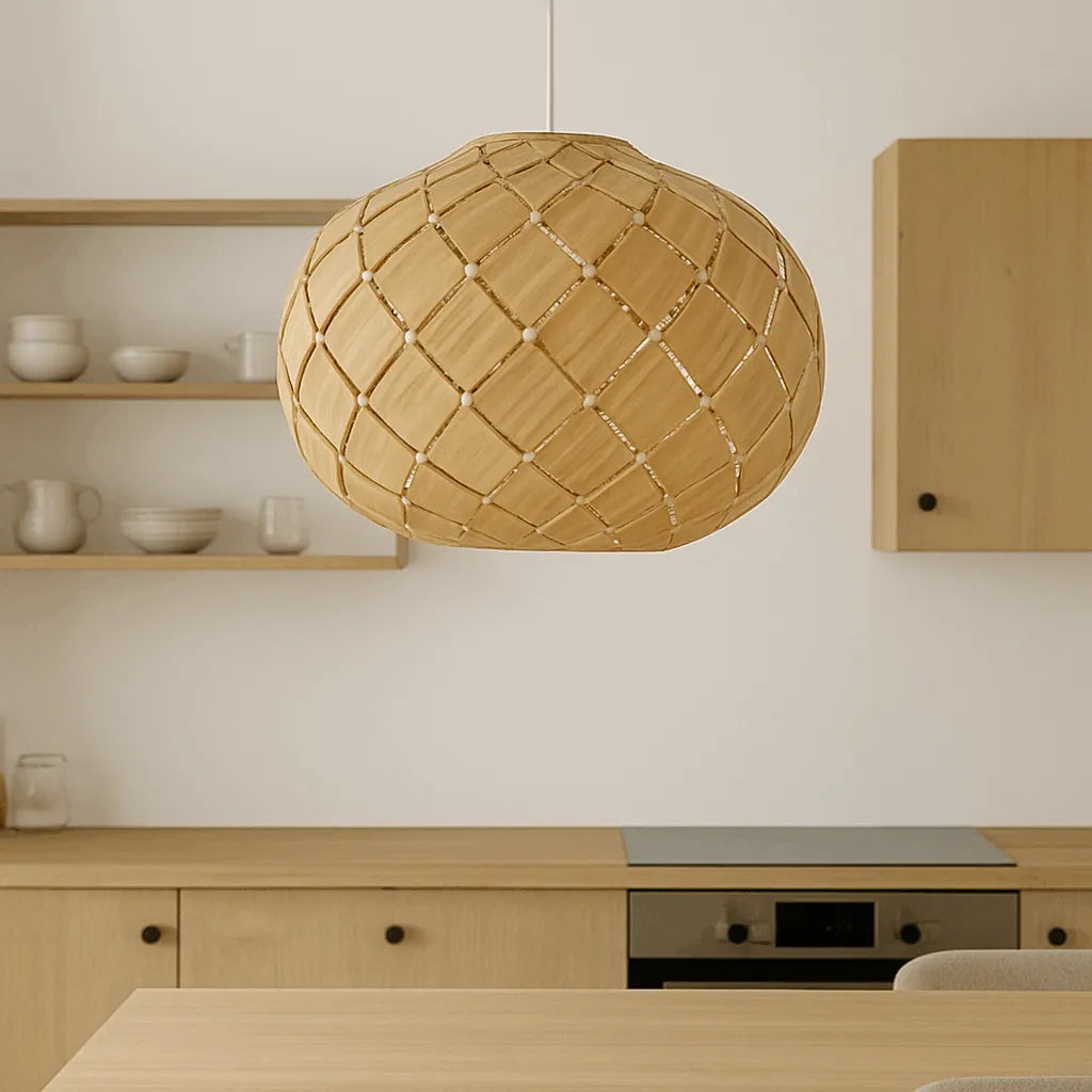Nordic Lantern Pendant Light Shade | Round Natural Wood Hanging Lamp – E27/E26