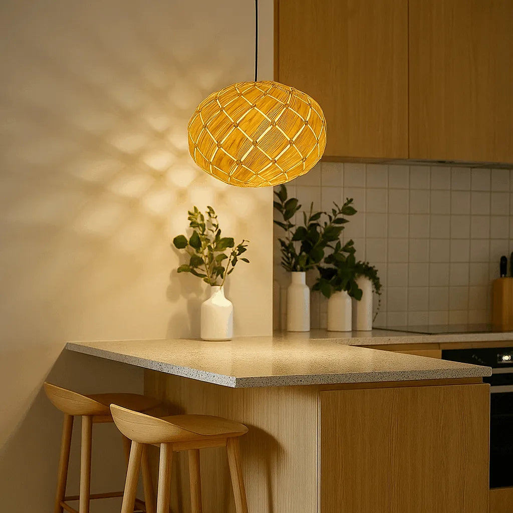 Nordic Lantern Pendant Light Shade | Round Natural Wood Hanging Lamp – E27/E26