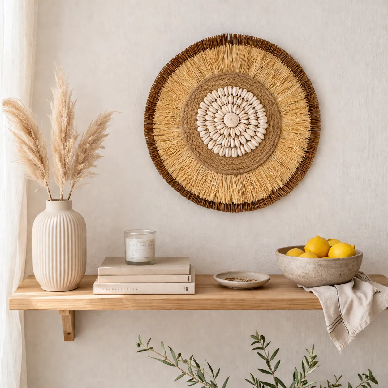 Boho Wanddeko | Runder Wandbehang aus Rattan & Bastgeflecht - 38cm