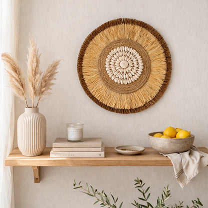 Boho Wanddeko | Runder Wandbehang aus Rattan & Bastgeflecht - 38cm