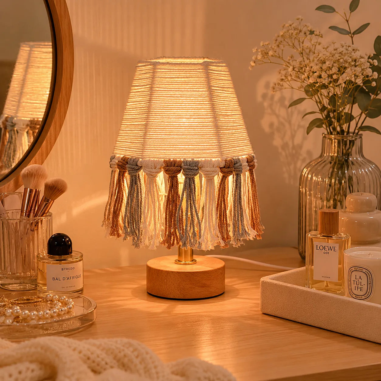 Boho Lampenschirm DIY-Kit | Handgemachte Baumwollseil-Tischlampe mit Quasten