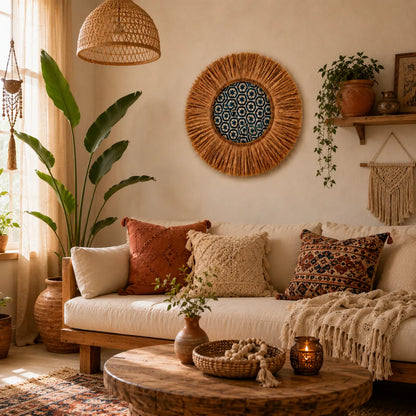 Boho Gewebte Wanddekoration – Handgefertigter Raffia-Wandbehang für das Wohnzimmer