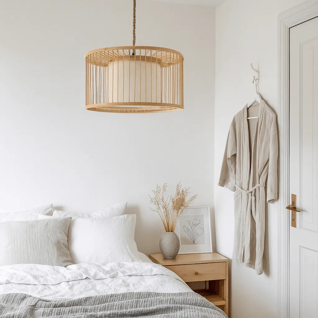 Japandi Drum Bamboo Pendant Light for Living Room & Bedroom - M11/E27/E26