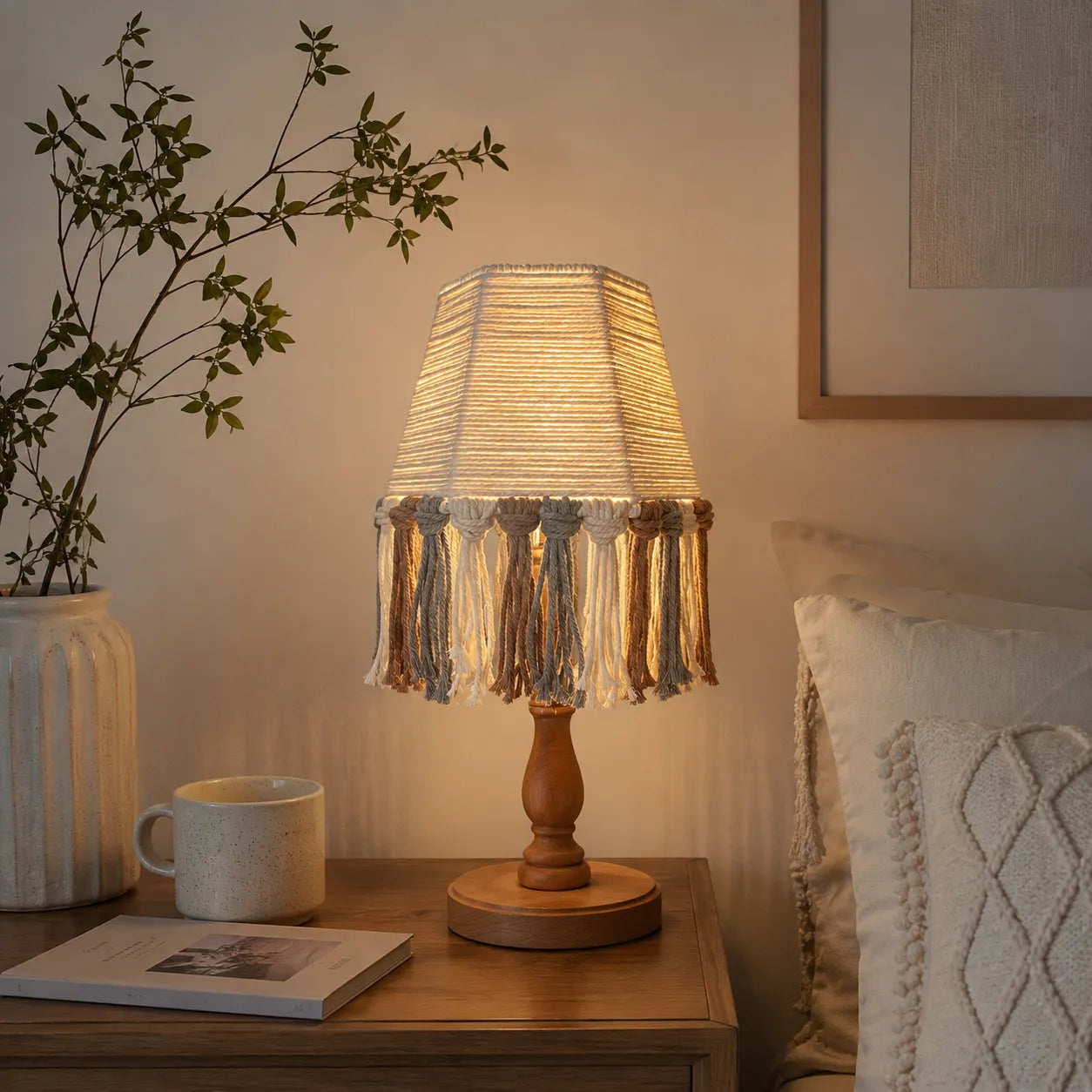 Boho Lampenschirm DIY-Kit | Handgemachte Baumwollseil-Tischlampe mit Quasten