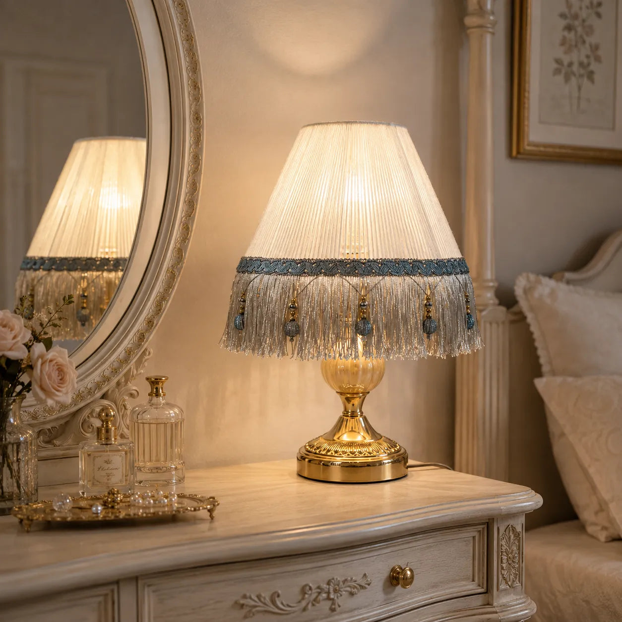 Französischer Vintage-Fransen-Empire-Lampenschirm mit Perlenquasten | DIY Tischlampenschirm