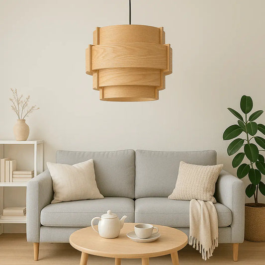 tiered drum pendant light fixture in natural wood veneer