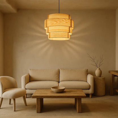Japandi Tiered Drum Wood Pendant Light Shade | DIY Lampshade Kit