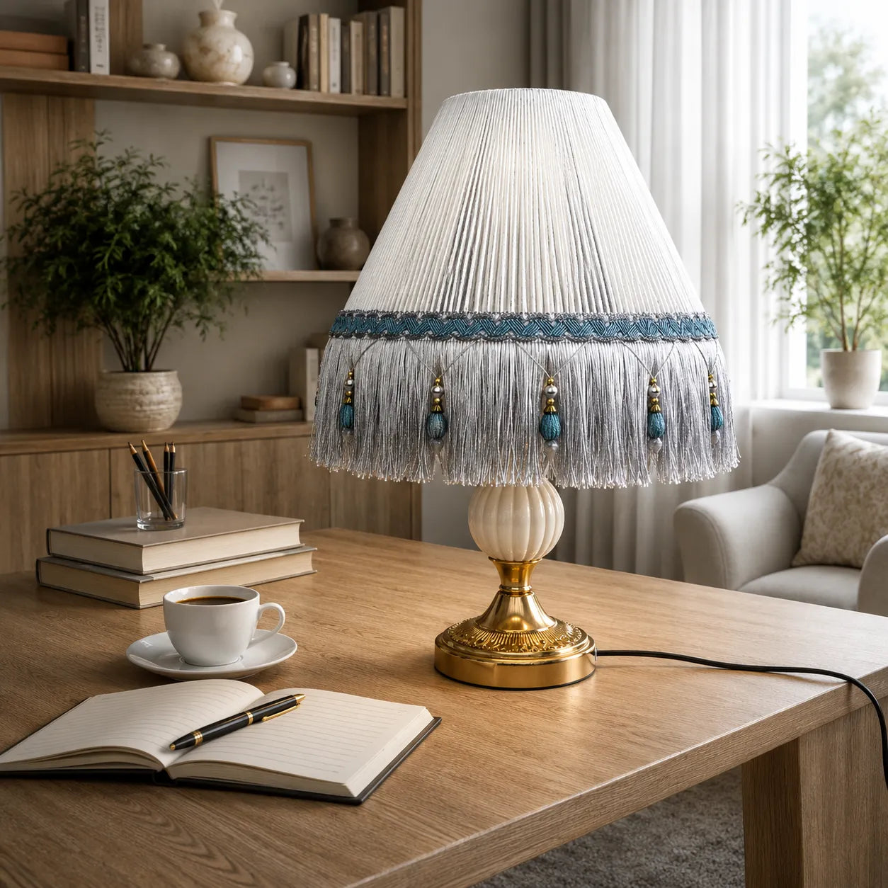 Französischer Vintage-Fransen-Empire-Lampenschirm mit Perlenquasten | DIY Tischlampenschirm
