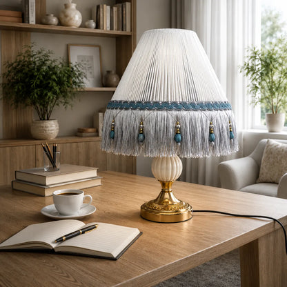Französischer Vintage-Fransen-Empire-Lampenschirm mit Perlenquasten | DIY Tischlampenschirm