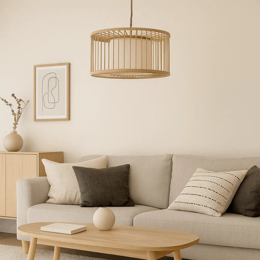Japandi Drum Bamboo Pendant Light for Living Room & Bedroom - M11/E27/E26