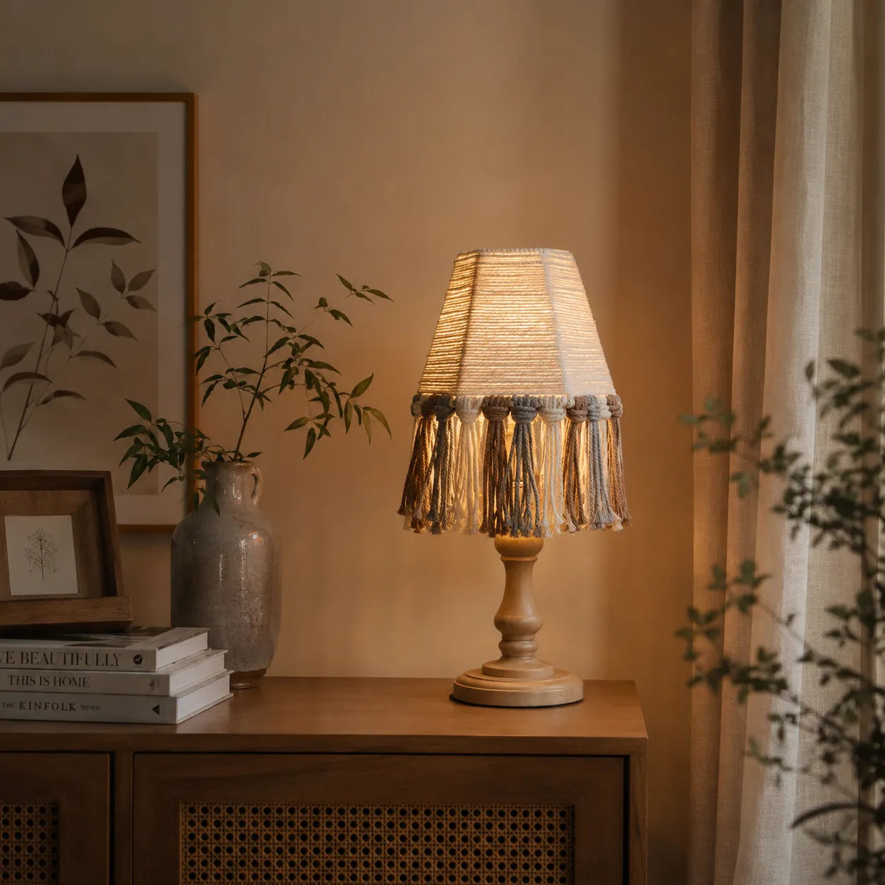 Boho Lampenschirm DIY-Kit | Handgemachte Baumwollseil-Tischlampe mit Quasten