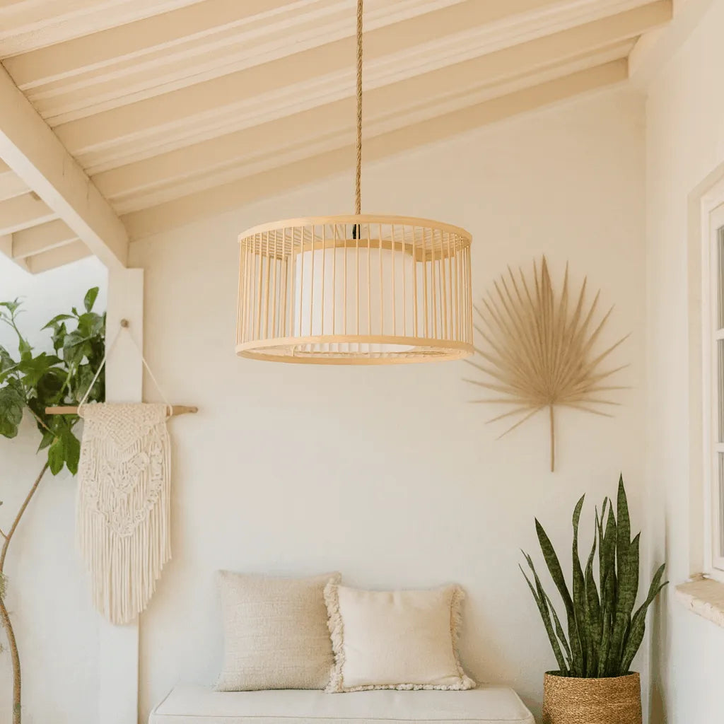 Japandi Drum Bamboo Pendant Light for Living Room & Bedroom - M11/E27/E26
