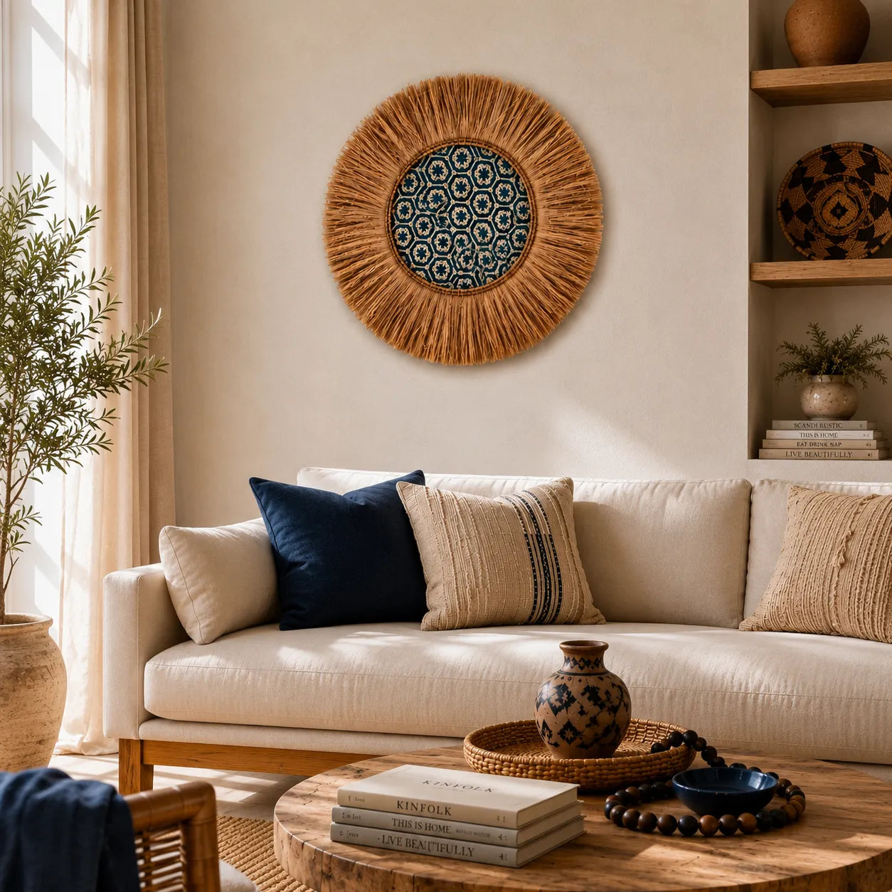 Boho Gewebte Wanddekoration – Handgefertigter Raffia-Wandbehang für das Wohnzimmer