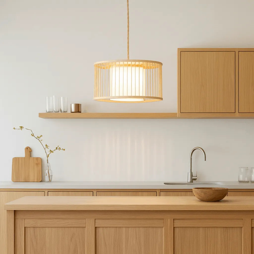 Japandi Drum Bamboo Pendant Light for Living Room & Bedroom - M11/E27/E26