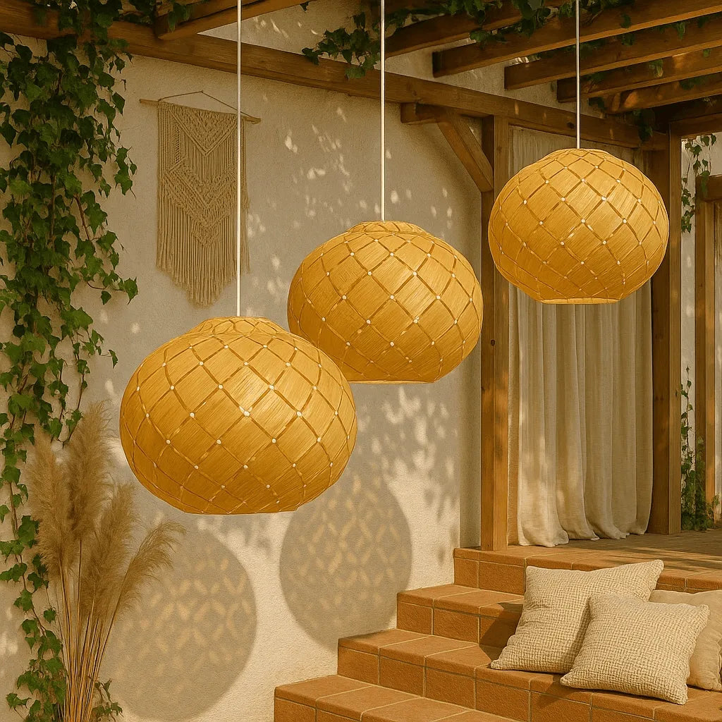 Nordic Lantern Pendant Light Shade | Round Natural Wood Hanging Lamp – E27/E26