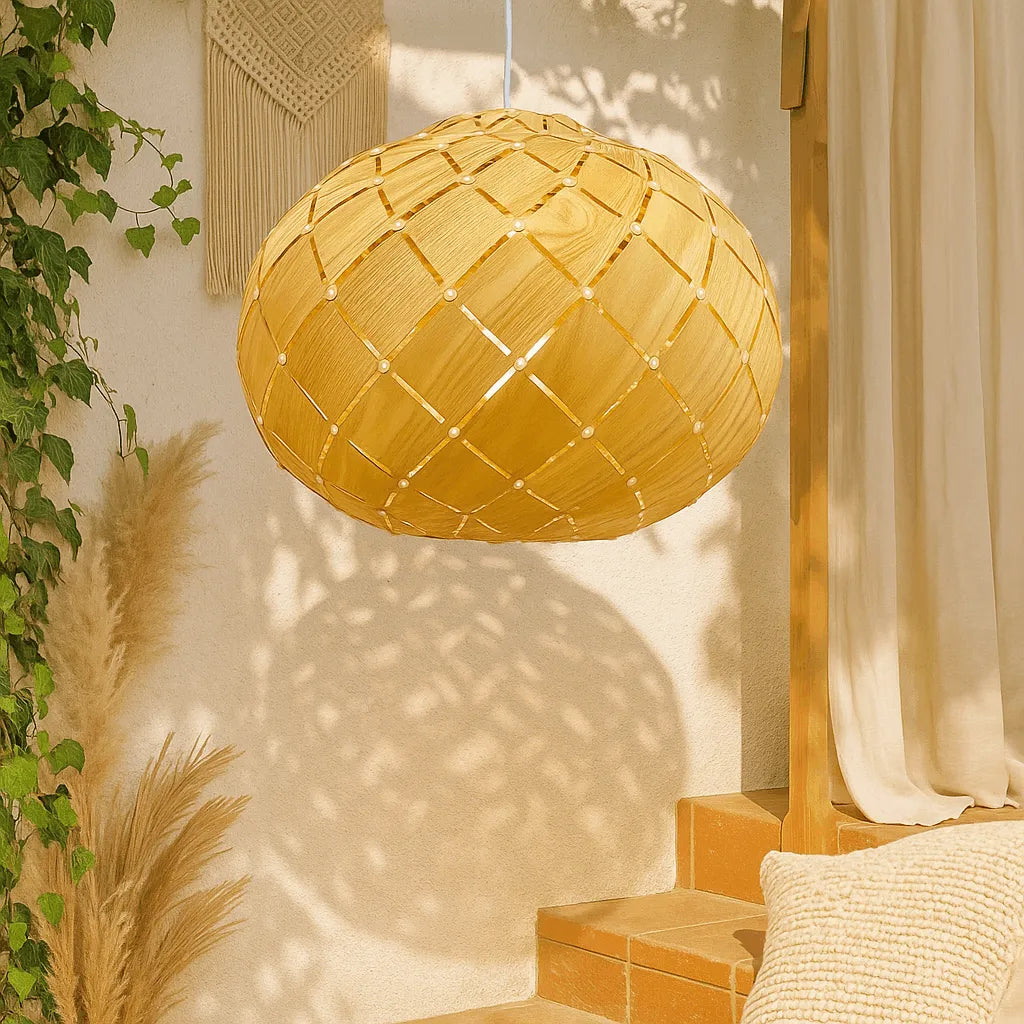 Nordic Lantern Pendant Light Shade | Round Natural Wood Hanging Lamp – E27/E26