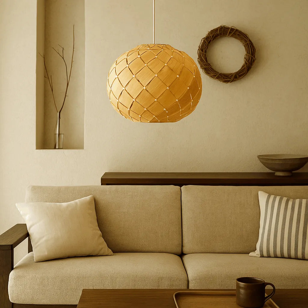 Nordic Lantern Pendant Light Shade | Round Natural Wood Hanging Lamp – E27/E26