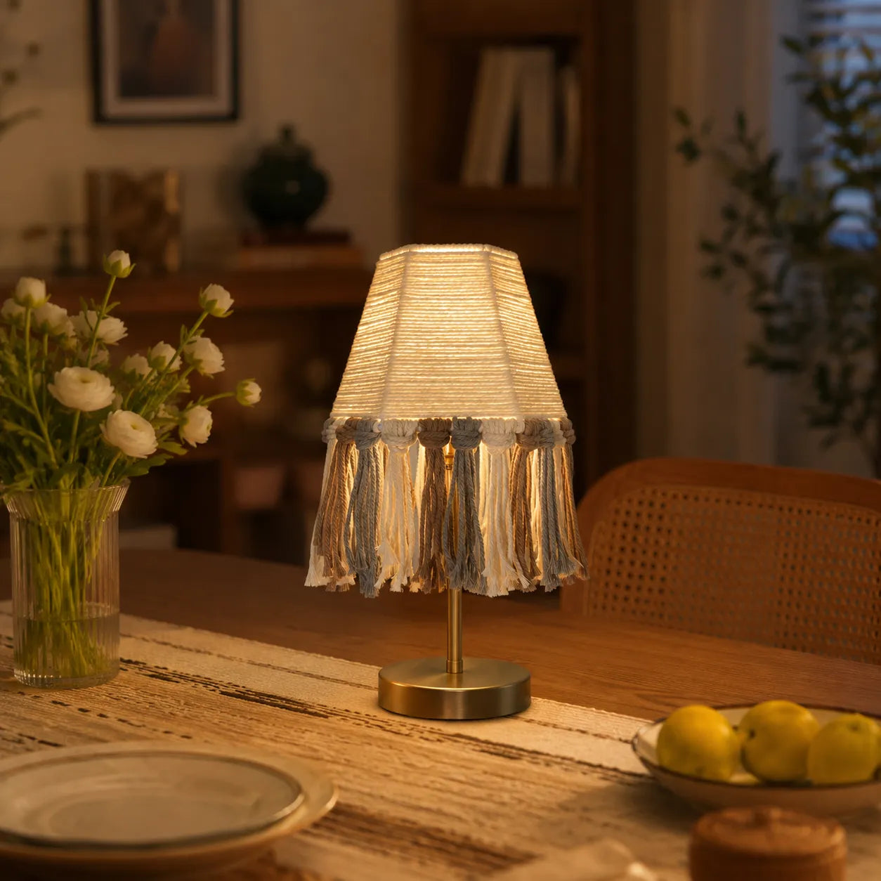 Boho Lampenschirm DIY-Kit | Handgemachte Baumwollseil-Tischlampe mit Quasten