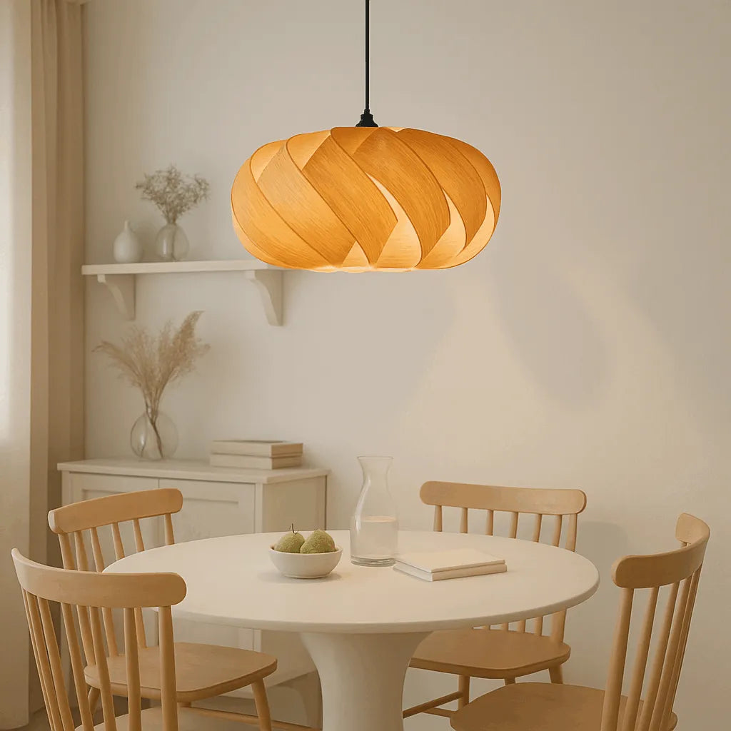 Nordic wood pendant light shade with curved veneer strips