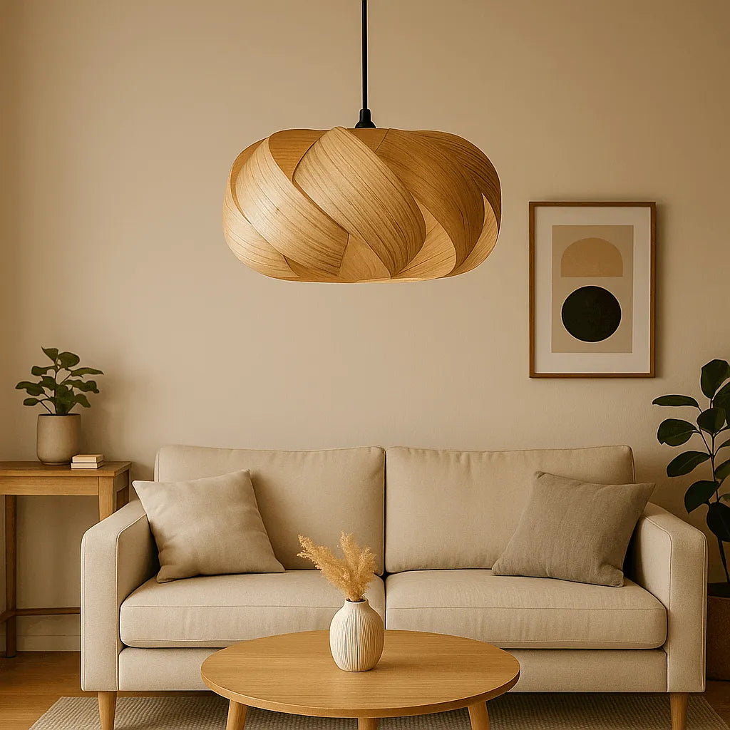 swirl pendant light shade made from natural wood veneer