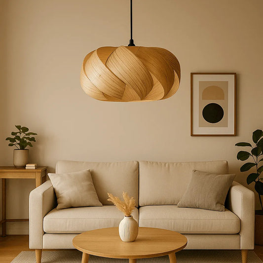 swirl pendant light shade made from natural wood veneer