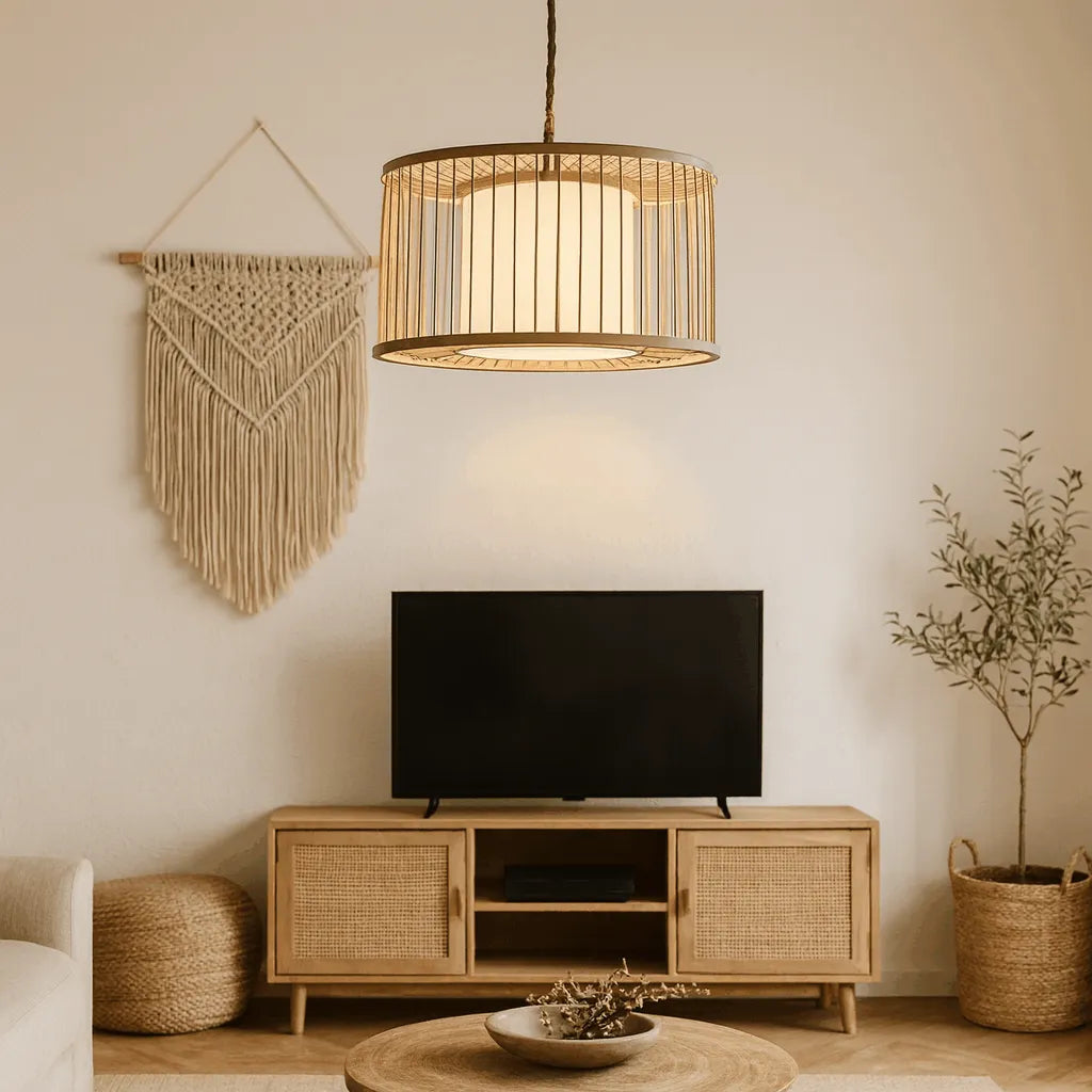 Japandi Drum Bamboo Pendant Light for Living Room & Bedroom - M11/E27/E26