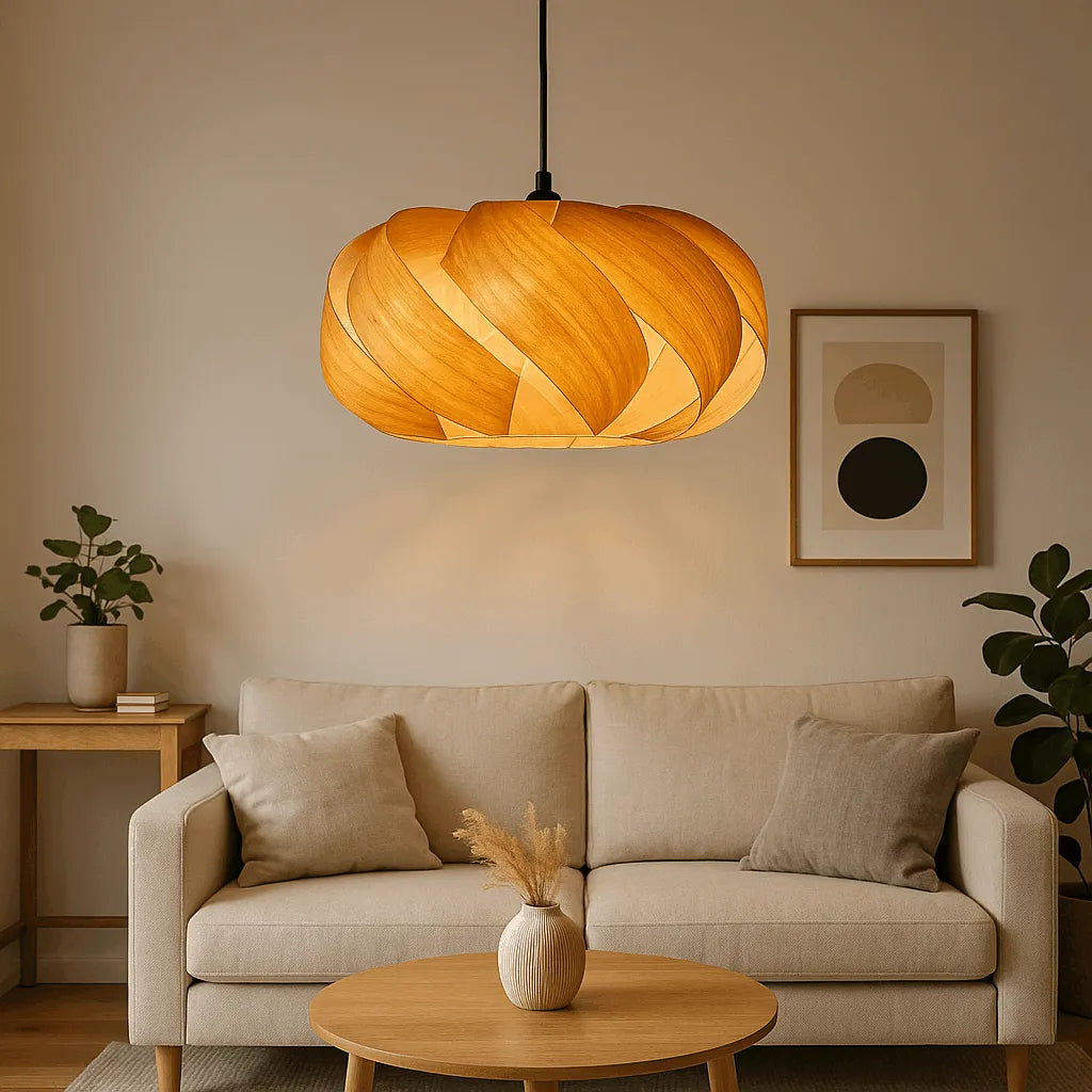 Nordic Wood Pendant Light Shade for Living Room | Natural Wooden Lampshade – E27/E26