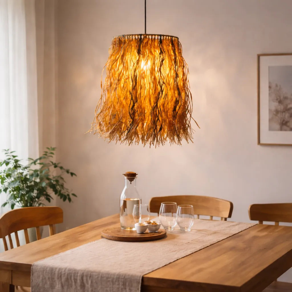 Boho Raffia Pendant Lampshade | Natural DIY Hanging Light Shade Kit with Fringe