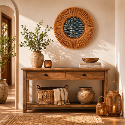 Boho Gewebte Wanddekoration – Handgefertigter Raffia-Wandbehang für das Wohnzimmer