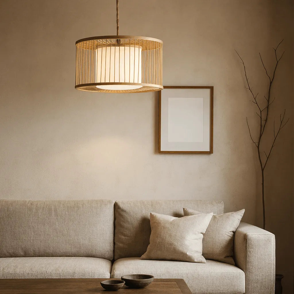 Japandi Drum Bamboo Pendant Light for Living Room & Bedroom - M11/E27/E26