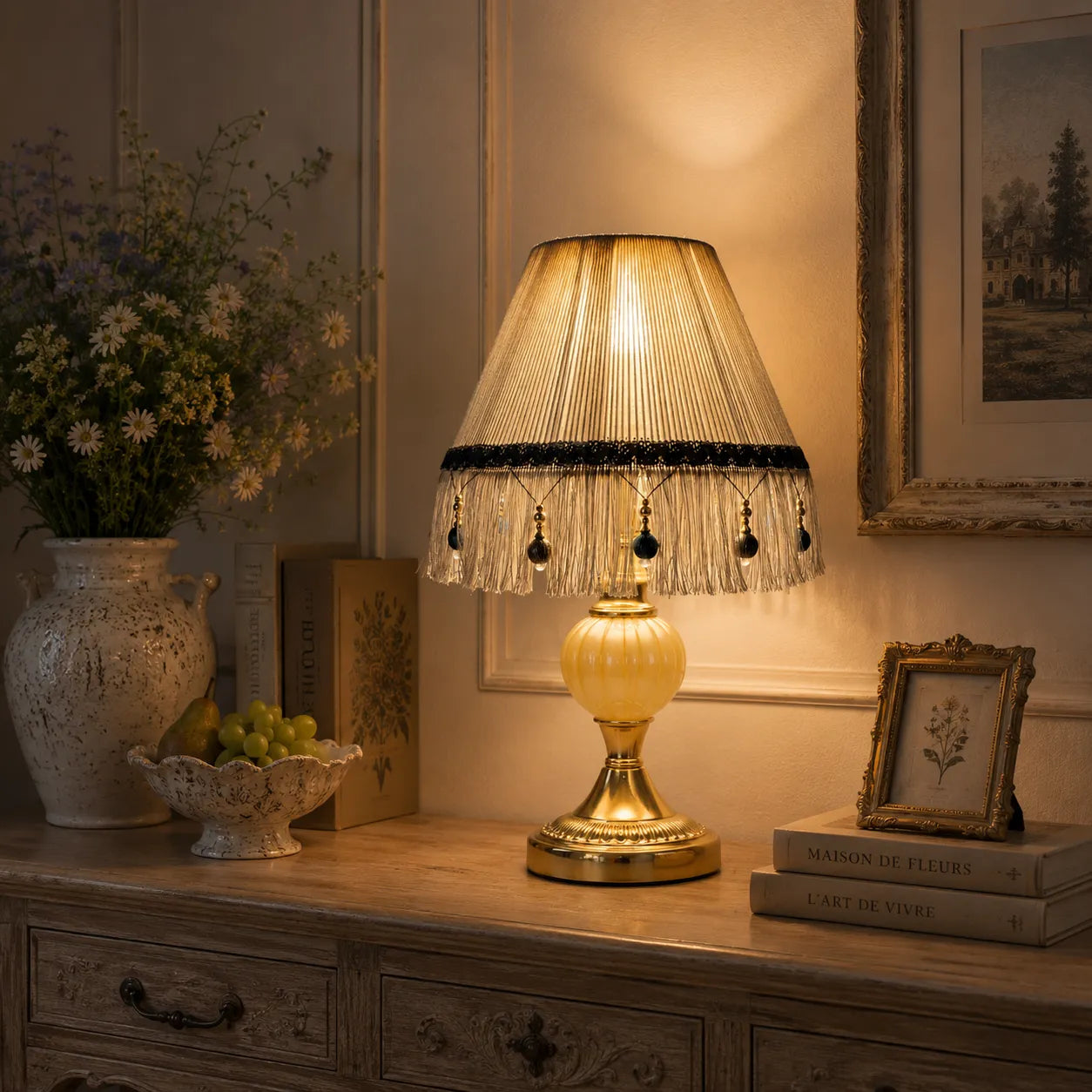 Französischer Vintage-Fransen-Empire-Lampenschirm mit Perlenquasten | DIY Tischlampenschirm