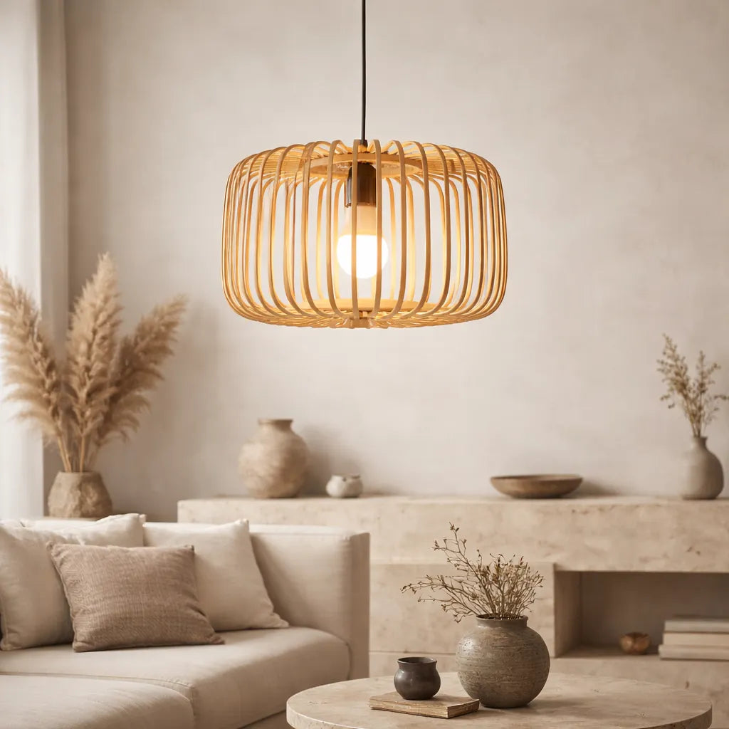 Scandinavian Drum Cage Bamboo Pendant Light Shade for Dining Room | Minimalist Design – M11/E26/E27