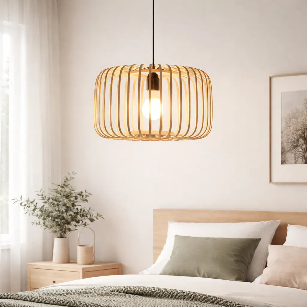 Scandinavian Drum Cage Bamboo Pendant Light Shade for Dining Room | Minimalist Design – M11/E26/E27