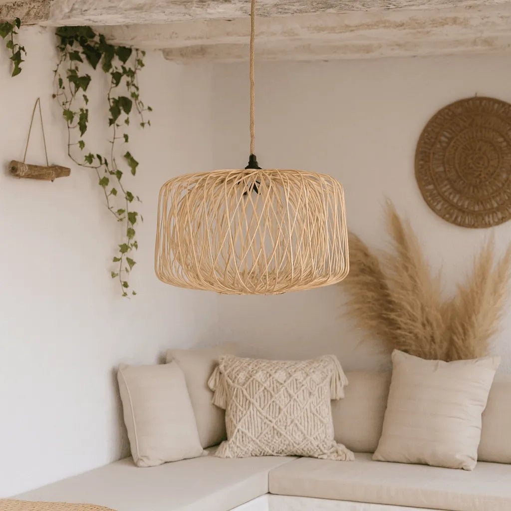 Natural Woven Cage Bamboo Pendant Light Shade | Boho Hanging Lamp – E26/E27/M11