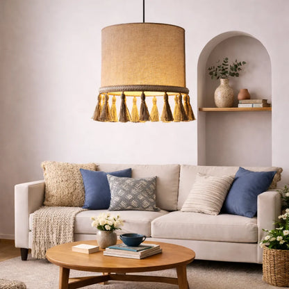 Kit de Suspension Luminaire Tambour en Lin DIY | Abat-jour Suspendu en Tissu Naturel Beige avec Pompon