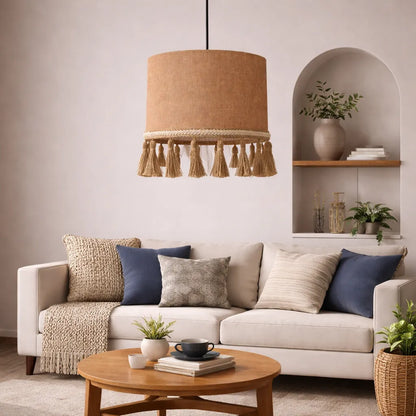 Kit de Suspension Luminaire Tambour en Lin DIY | Abat-jour Suspendu en Tissu Naturel Beige avec Pompon