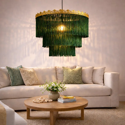 Abat-jour suspendu à franges rose et vert | Kit DIY pour suspension lumineuse style bohème