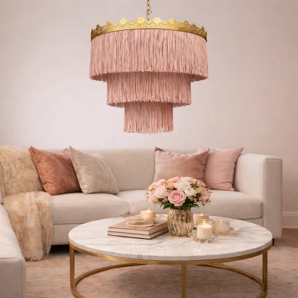 Abat-jour suspendu à franges rose et vert | Kit DIY pour suspension lumineuse style bohème