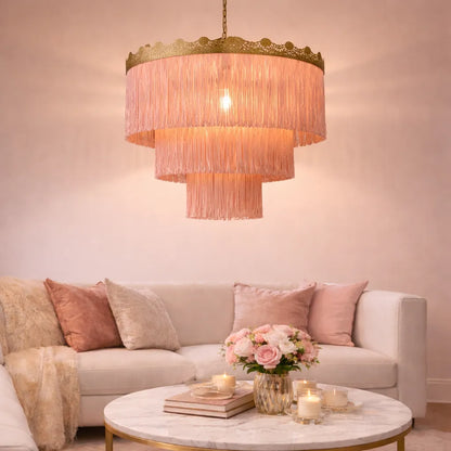 Abat-jour suspendu à franges rose et vert | Kit DIY pour suspension lumineuse style bohème