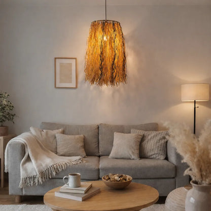Boho Raffia Pendant Lampshade | Natural DIY Hanging Light Shade Kit with Fringe
