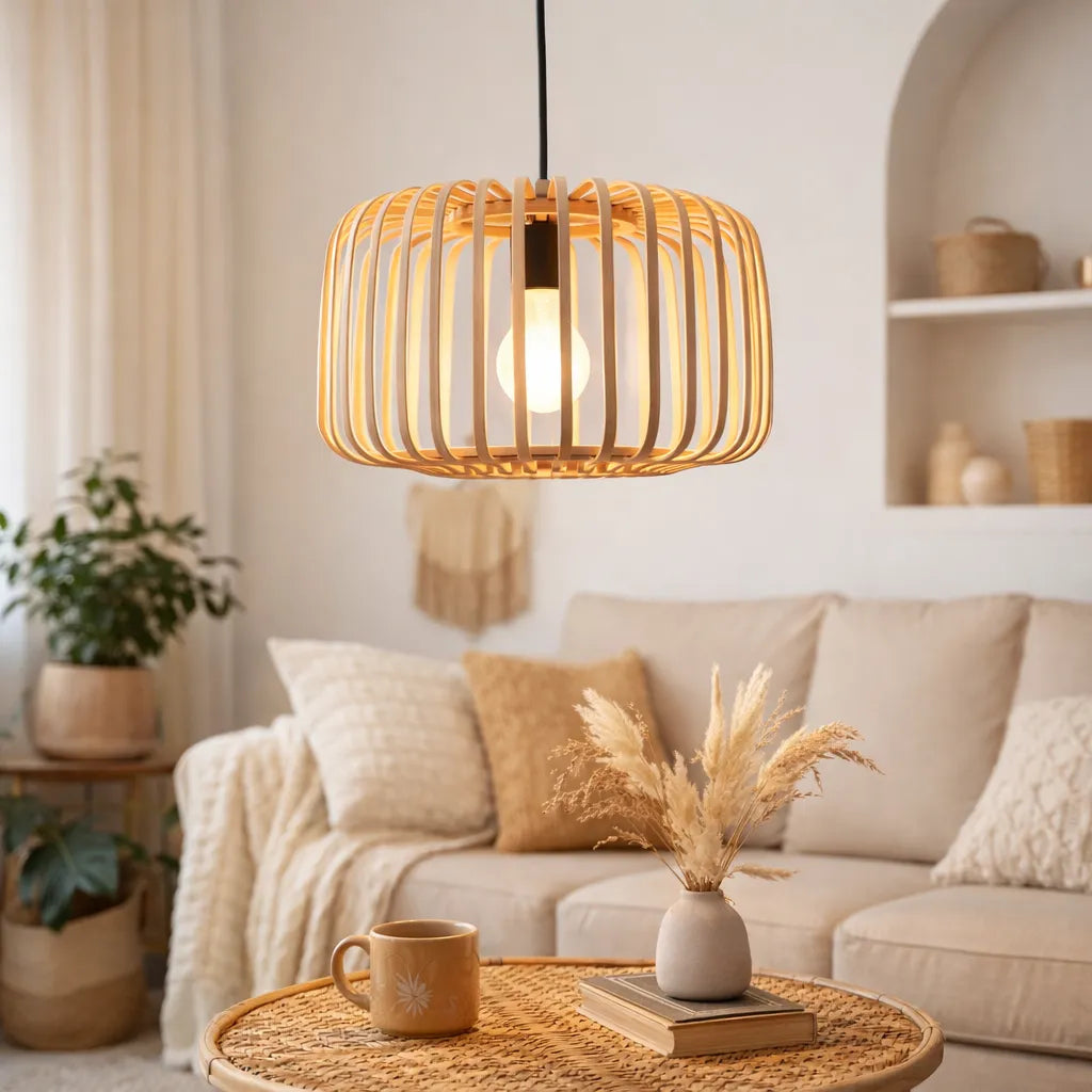 Scandinavian Drum Cage Bamboo Pendant Light Shade for Dining Room | Minimalist Design – M11/E26/E27