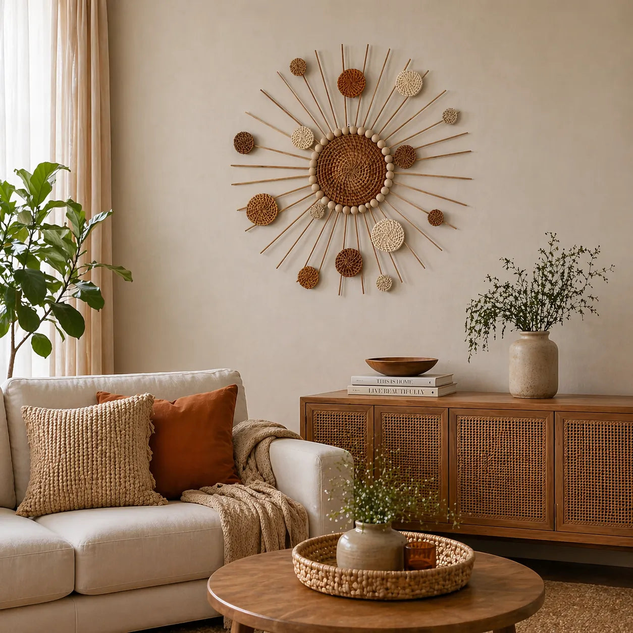 Sonnenstrahl Boho Wanddeko | DIY Wandbehang aus geflochtenem Rattan (38 cm)
