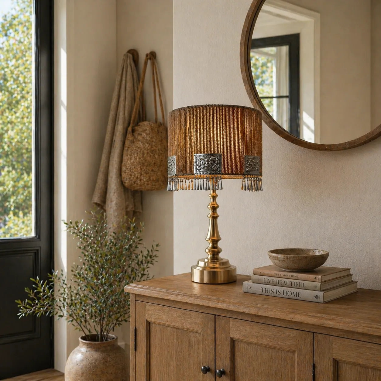 Boho Seillampenschirm mit Fransen-Detail | Natürlicher strukturierter Tischlampenschirm
