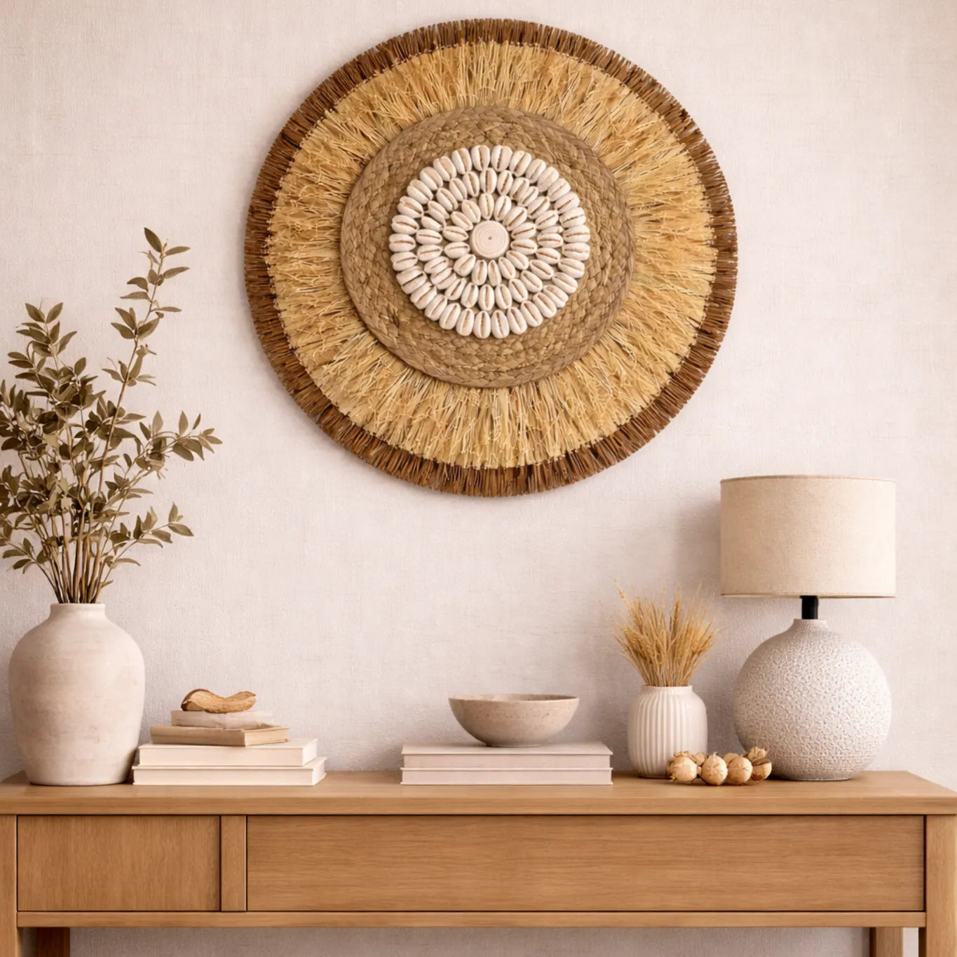 Boho Wanddeko | Runder Wandbehang aus Rattan & Bastgeflecht - 38cm