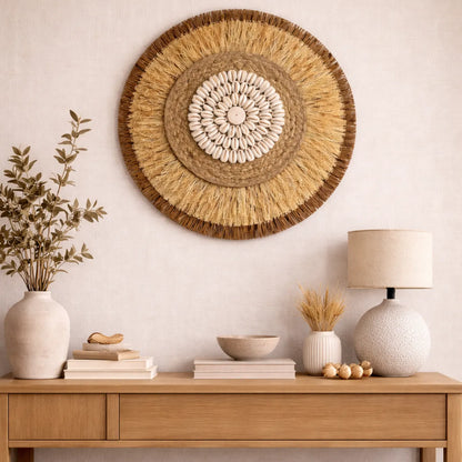 Boho Wanddeko | Runder Wandbehang aus Rattan & Bastgeflecht - 38cm