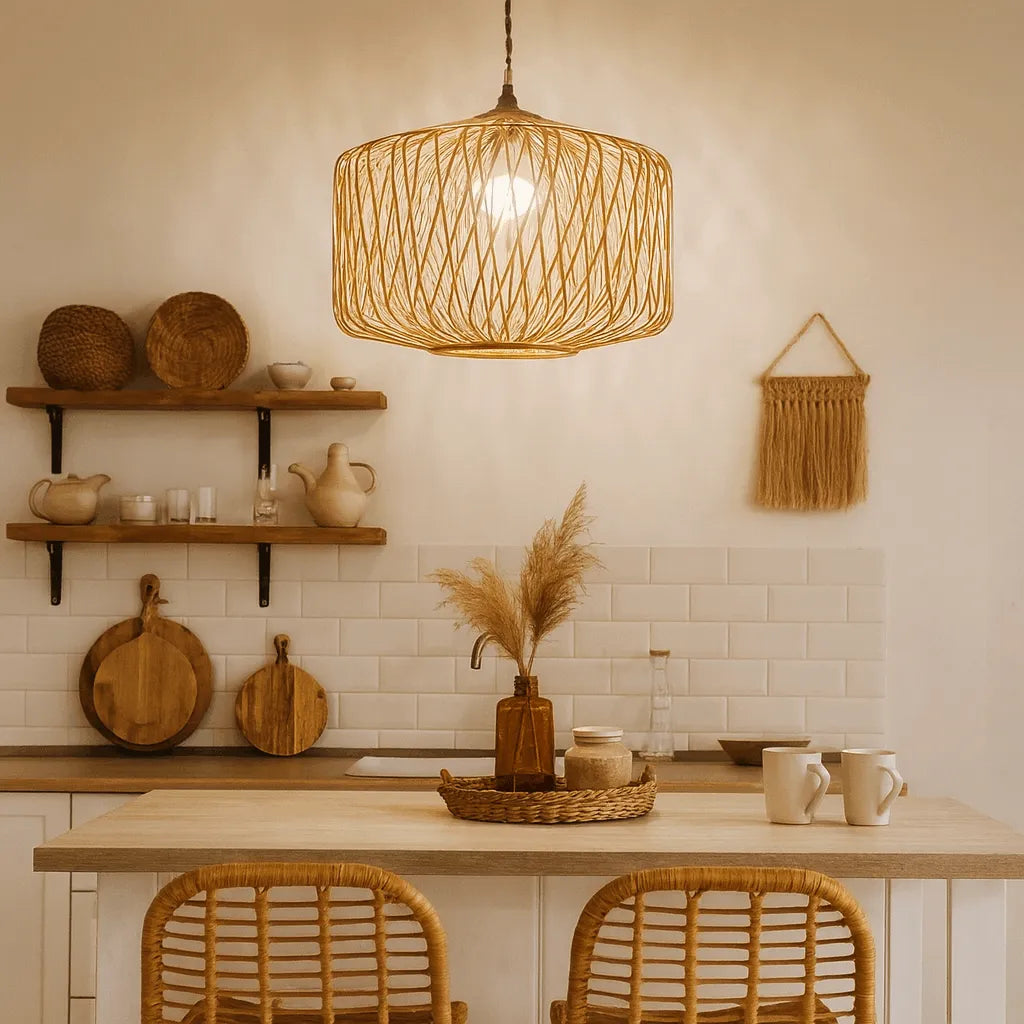 Natural Woven Cage Bamboo Pendant Light Shade | Boho Hanging Lamp – E26/E27/M11