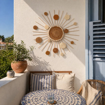 Sonnenstrahl Boho Wanddeko | DIY Wandbehang aus geflochtenem Rattan (38 cm)